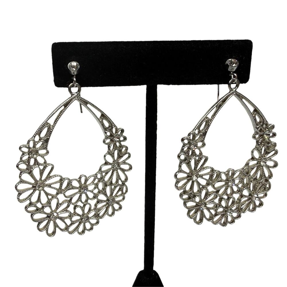 Silver Tone Teardrop Dangle Earrings Filigree Floral Rhinestone Jewelry 2in